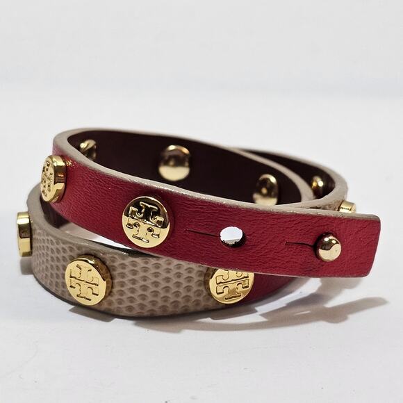Tory Burch Red and Tan Leather Logo Studded‎ Double Wrap Bracelet - Picture 1 of 5